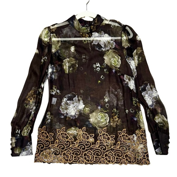 Per Se by Carlisle 100% Silk Sheer Floral Blouse with Gold Embroidery - Size 8 - Picture 1 of 11
